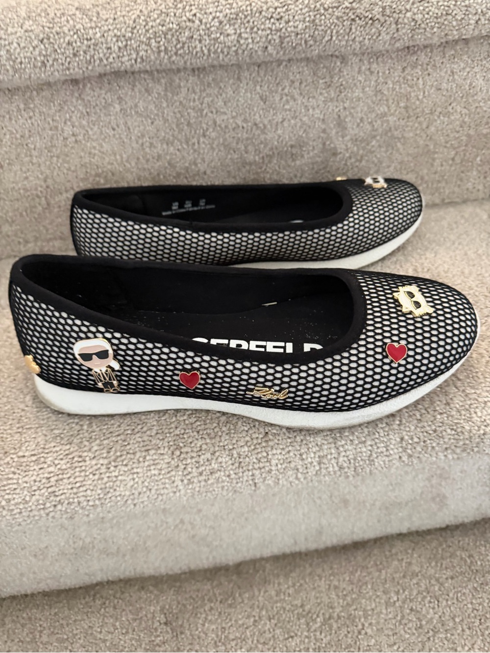 Karl Lagerfeld Black and White Mesh Slip-On Flats with Icon Charms - Picture 3 of 3
